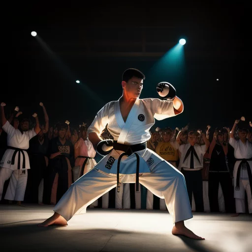 2521224087-A karate fighter in a fighting stance, in the center of the light, the dazzling sun behind him, surrounded by a crowd of onlooke.webp